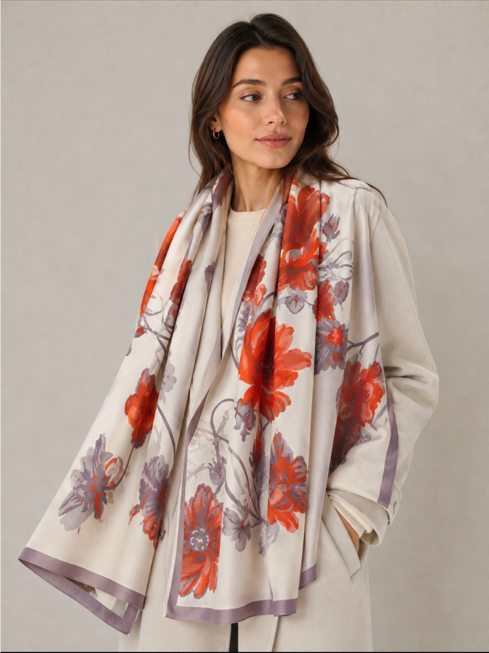 Cream Floral Shawl with Coral & Gray Accents in Faux Cashmere NWT - Picture 2 of 4